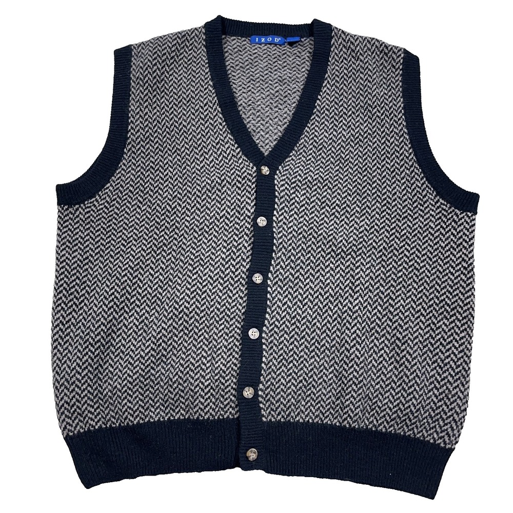 Vintage Izod Sweater Vest Men XL Tan Black Lambs Wool Cardigan Grandpa Golf